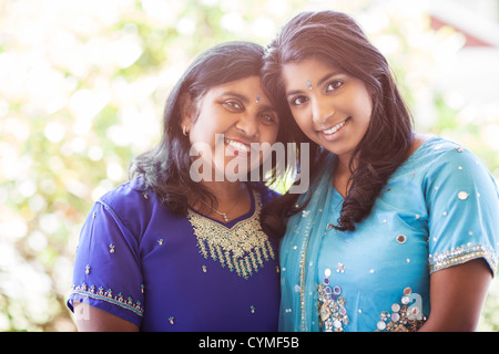 Indian mother and daughter in traditional clothing Stock Photo