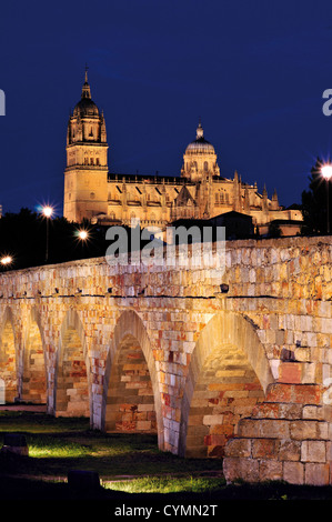 Spain, Castilla-Leon: Nocturnal view of roman bridge and Cathedrals of Unesco World Heritage town Salamanca Stock Photo