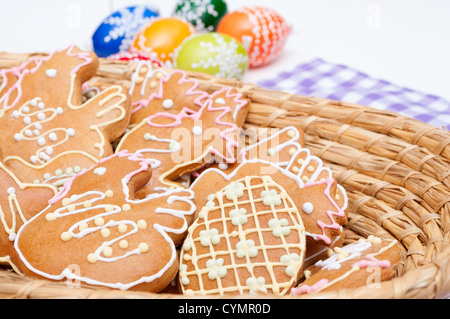 Easter - Homemade Gingerbreads and Painted Eggs Stock Photo