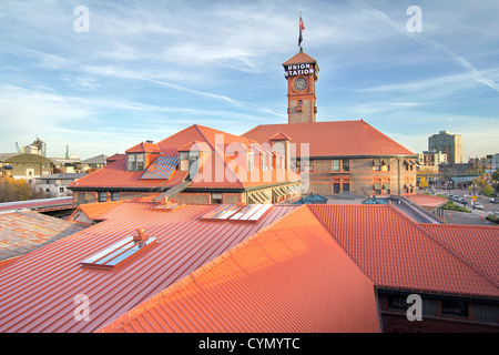 Union Station in Portland Oregon against Blue Sky Stock Photo