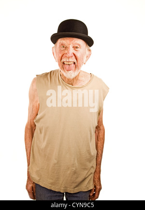 Crazy senior man in bowler hat sticking out his tongue Stock Photo