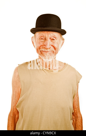 Crazy senior man in bowler hat on white background Stock Photo