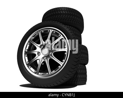 wheels with steel rims over the white background Stock Photo