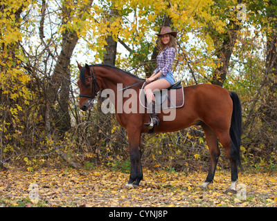Cowgirl riding a bay horse Stock Photo