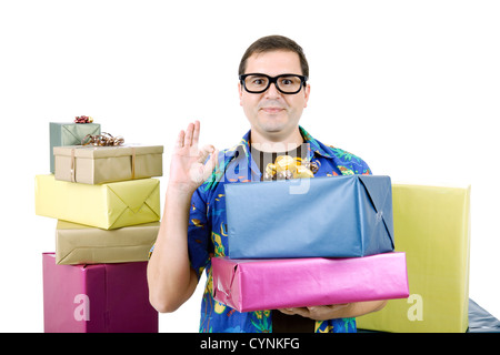 happy silly salesman with some boxes, isolated on white Stock Photo