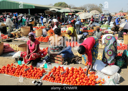 Female vendors with displays of vegetables at the Old Soweto market in Lusaka, Zambia Stock Photo