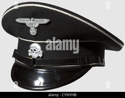 A visor cap to the black service uniform for enlisted men/junior officers,of fine gabardine with white piping,silvered fine zinc insignia,black-lacquered visor(without stamping)and three-piece chin strap. Orange-brown linen and oil cloth liner,beneath the label an unusually small,gold-printed rune disc,sweat band of ersatz material,RZM label 'SS-Tuchmütze'. In mint,unworn condition,historic,historical,1930s,1930s,20th century,Waffen-SS,armed division of the SS,armed service,armed services,NS,National Socialism,Nazism,Third Reich,German R,Additional-Rights-Clearences-Not Available Stock Photo