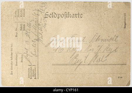 Anny Winter/Adolf Hitler - a of his comrade Ernst Schmidt 1916,Drawn in pencil on a field postcard the of Schmidt in the uniform of the R.I.R. 16,the drawing slightly worn and therefore blurred. The front unsigned,the fields for sender and receiver on the back filled out by Hitler's hand 'Private Ernst Schmidt - 16. Bav. Res. I. Regt. - Regt. Staff' an historic,historical,1910s,20th century,NS,National Socialism,Nazism,Third Reich,German Reich,Germany,German,National Socialist,Nazi,Nazi period,fascism,object,objects,stills,clipping,clippin,Additional-Rights-Clearences-Not Available Stock Photo