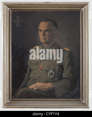 General Franz Beyer (1892 - 1968) - a portrait as Commanding Officer of the 'Hoch- und Deutschmeister', Oil on hard pasteboard, a seated depiction in tropical uniform as Generalmajor wearing the Knight's Cross and other decorations, in the upper left corner the cross of the 'Hoch und Deutschmeister', lower right monogram 'NJ 1943'. Framed, dimensions about 84 x 102 cm. General of Infantry (Doctor of Law) Franz Beyer was a naval Lieutenant in 1914, in 1921 he was a police Lieutenant in Düsseldorf and a police Major by 1935, when he entered the Wehrmacht as a Lie, Stock Photo