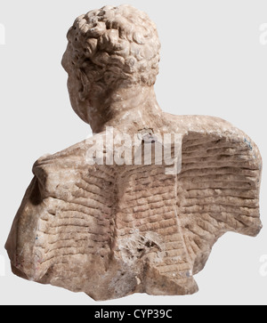 A large marble bust of Aulus Vitellius,of Roman style,baroque period.Portrayed in the typical left facing posture of the head,with scale armour and thrown over cloak.The right side of the face destroyed.Height 78 cm,width 78 cm.Aulus Vitellius was crowned Roman Emperor in April 69 A.D,the so called Year of the Four Emperors,on the 20th of December of that year he was already publicly displayed on the Gemonian stairs by Marcus Antonius Primus,who had him tortured to death,dragged through Rome on a hook and thrown into the Tiber.The biographer Sueton,Additional-Rights-Clearences-Not Available Stock Photo
