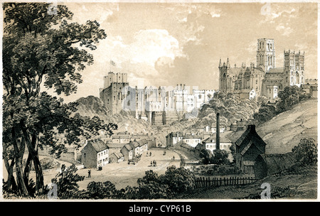 A lithograph of Durham scanned at high resolution from a book published in 1846. HGPA4W is a black & white version of this image Stock Photo