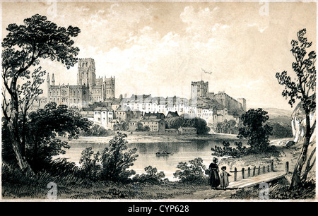 A lithograph of Durham scanned at high resolution from a book published in 1846. HGPA4J is a black & white version of this image Stock Photo