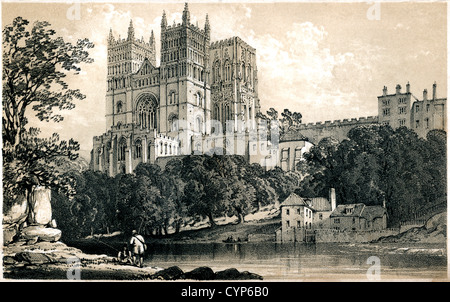 A lithograph of Durham scanned at high resolution from a book published in 1846. HGPA5A is a black & white version of this image. Copyright free. Stock Photo