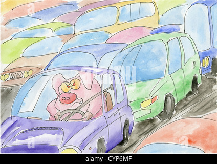 Pig stuck in a traffic jam. Painted on paper. Stock Photo