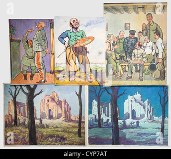 Albert Heim(1890 - ?)- 35 tempera paitings and drawings,The illustrations were made in 1916/17 at the Western front in the area of Arras,Bapaume with the staff of the 51st(Württemberg)Reserve Infantry Brigade under Lieutenant-General von Wundt.All pictures are signed with the initials 'A.H.',most of them are also inscribed.They show a humorous,reflective view of the life at and behind the front lines.Of high aesthetic and historic value.Regarding the complexity of the works at hand a rare artistic legacy of a war painter.The painter and caricaturis,Additional-Rights-Clearences-Not Available Stock Photo