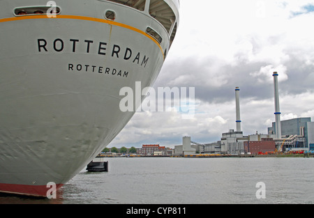 Stern of floating hotel SS Rotterdam, former ship of Holland America Line, Maashaven docks, Katendrecht, Rotterdam, Holland Stock Photo