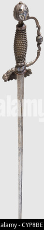 A Danish hunting-sword,late 18th century. Slender thrusting blade of flattened hexagonal section. Both sides of the upper half elaborately etched with ornamentation of tendrils,busts and trophies. Facetted iron knuckle-bow with decorated single shell-guard,remains of blueing. Original grip elaborately bound in iron wire. Length 87.5 cm. Provenance: Boller Collection,later Christensen Collection,both Denmark,historic,historical,18th century,double-edged hunting knife,thrusting,thrustings,weapon,arms,weapons,arms,fighting device,object,objects,,Additional-Rights-Clearences-Not Available Stock Photo