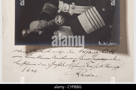 Grand Admiral Erich Raeder, An official photograph dedicated to U-boat Captain, Wolfgang Lüth The Kriegsmarine Commander in Chief in uniform with his Grand Admiral's baton, and wearing the Knight's Cross. The photographer's signature, 'Sandau, Berlin,' at the lowe people, 1930s, 20th century, navy, naval forces, military, militaria, branch of service, branches of service, armed forces, armed service, object, objects, stills, clipping, clippings, cut out, cut-out, cut-outs, Stock Photo
