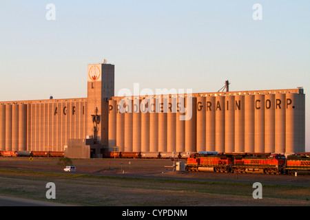 BNSF Railway train in front of the Agri Producers Grain Corp grain elevators at Plainview, Texas, USA. Stock Photo