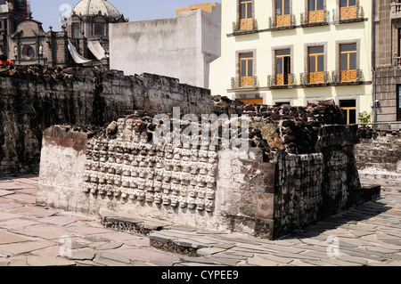 Replica tzompantli or wall of skulls in Templo Mayor Aztec temple ruins ...