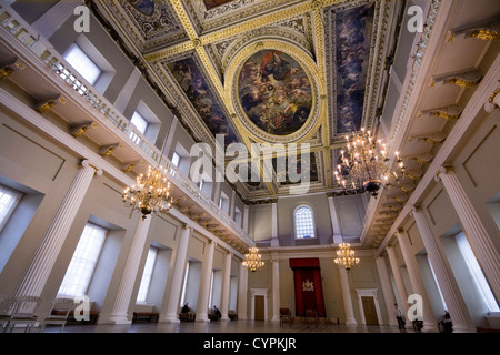 The interior / inside the Banqueting House, Whitehall, with ceiling painted by the painter Peter Paul Rubens. London UK. Stock Photo