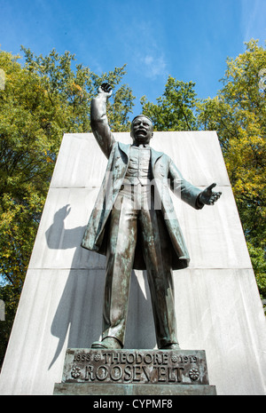 ARLINGTON, Virginia — The Theodore Roosevelt Memorial stands as a serene island amidst the Potomac River. The wooded 88-acre site, accessed by a footbridge, features a statue of the 26th president, surrounded by granite tablets inscribed with his notable quotations. Stock Photo