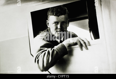 Charles Lindbergh (1902-1974), Leaning From Cockpit Window Before Solo Flight from New York to Paris, May 20, 1927 Stock Photo