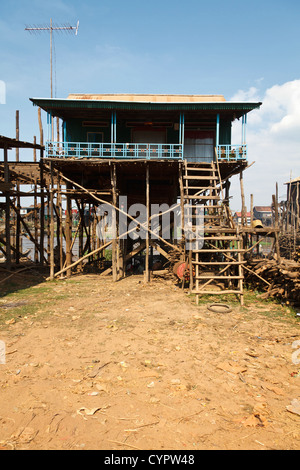 Typical stilted wooden House in the Stilt Village Kampong Kleang near Siem Reap, Cambodia Stock Photo