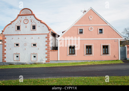 Holasovice - facade of historical baroque houses, UNESCO world heritage site, South Bohemia, Czech Republic Stock Photo