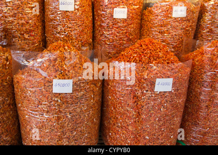 Bags of dried shrimps (prawns) at Binh Tay Market in Ho Chi Minh City Vietnam. Stock Photo