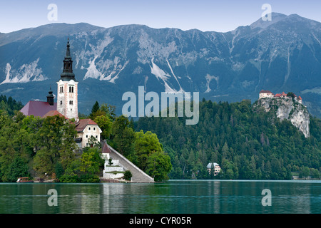 Evening view of the 15th century Pilgrimage Church of the Assumption of Mary on Bled island, Lake Bled in Slovenia. Stock Photo