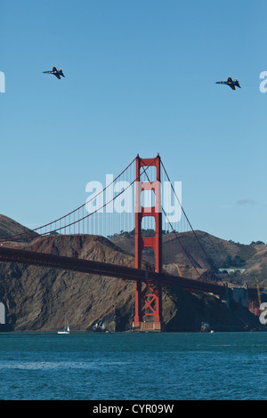 2 Fighter Jets Circle Over the Golden Gate Bridge during Fleet Week Airshow on October 9, 2011 in SAN FRANCISCO, CALIFORNIA, USA Stock Photo