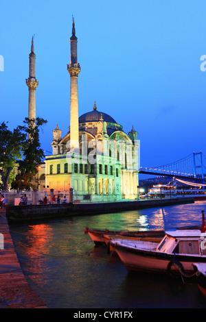 Ortakoy Mosque and Bosphorus Bridge by floodlight, Istanbul , Turkey Stock Photo