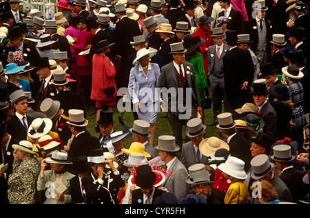 An aerial view of crowds of racegoers on Ladies Day at Royal Ascot racing week. Stock Photo