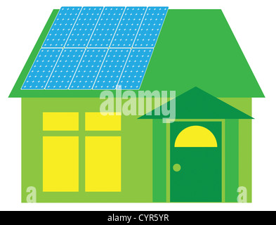 Solar Panels on Roof of Go Green House Illustration Isolated on White Background Stock Photo