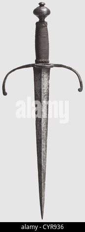 A German left-hand dagger, circa 1600 Double-edged blade of lightly hollowed diamond section with slightly notched edges. Cut quillons, curving toward the point, with a thumb ring . Original iron wire winding and Turk's heads as well as an iron pommel cut on the bottom. Original in all parts, surfaces with patina and somewhat pitted. Length 45.5 cm, historic, historical,, 17th century, dagger, daggers, thrusting, thrustings, baton, weapon, arms, weapons, arms, fighting device, object, objects, stills, clipping, cut out, cut-out, cut-outs, Additional-Rights-Clearences-Not Available Stock Photo