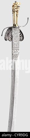 A Dutch sabre with an ivory grip,1st half of the 18th century Single-edged blade widening slightly at the point,with three narrow fullers on each side. Both sides of the forte display ornamental etchings and the inscriptions: 'vivat hollandria' and 'I4K' flanked by two birds. Iron hilt with curved quillons and a large openwork single guard. Finely carved ivory grip rising to a lion head pommel. Length 82.5 cm,historic,historical,18th century,sword,swords,weapons,arms,weapon,arm,fighting device,military,militaria,object,objects,stills,clipping,,Additional-Rights-Clearences-Not Available Stock Photo