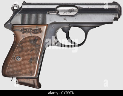 Walther PPK ZM,RZM,honour prize for SA Section Hochland,7.65 mm cal,no.266785K.Bright bore.Proof mark: eagle/'N'.On left side of slide standard inscription scaled down and moved to the left,on its right encircled 'RZM' logo for 'Reichszeugmeisterei'.On top of this factory engraving 'Skiwettkämpfe der SA - Gruppe Hochland 1941 GaPa / Ehrenpreis des Oberbürgermeisters / Reichsleiter Karl Fiehler'.Complete,original,high gloss finish partially lightly spotted.Small parts blued.Brown-mottled plastic grip panel.Magazine with extension.Comes with alum,Additional-Rights-Clearences-Not Available Stock Photo