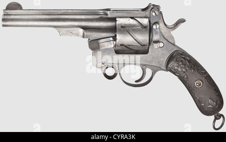 Mauser Revolver Mod. 1878('Zick-Zack-Revolver'),cal. 10.6 mm,no. 2364. Matching numbers. Bright,four-groove rifled bore,barrel length 145 mm. Top-hinged frame. Six shots. On barrel rib marked 'WAFFENFABRIK MAUSER OBERNDORF A/NECKAR'. Approx. 50 % of original bluing,partially worn and weakly spotted. Small parts with remnants of blue. Black floral hard rubber grip panels. Lanyard loop. Still good condition. Erwerbsscheinpflichtig,historic,historical,19th century,civil handgun,civil handguns,handheld,gun,guns,firearm,fire arm,firearms,fire arms,,Additional-Rights-Clearences-Not Available Stock Photo