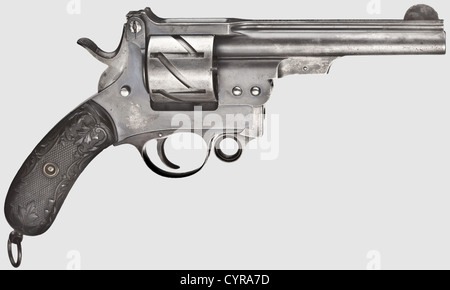 Mauser Revolver Mod. 1878('Zick-Zack-Revolver'),cal. 10.6 mm,no. 2364. Matching numbers. Bright,four-groove rifled bore,barrel length 145 mm. Top-hinged frame. Six shots. On barrel rib marked 'WAFFENFABRIK MAUSER OBERNDORF A/NECKAR'. Approx. 50 % of original bluing,partially worn and weakly spotted. Small parts with remnants of blue. Black floral hard rubber grip panels. Lanyard loop. Still good condition. Erwerbsscheinpflichtig,historic,historical,19th century,civil handgun,civil handguns,handheld,gun,guns,firearm,fire arm,firearms,fire arms,,Additional-Rights-Clearences-Not Available Stock Photo