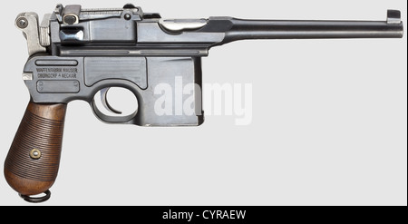 Mauser C 96,Persian contract,in its case,cal.7.63 mm,no.154959.Matching numbers including grip panels.Almost bright bore.Proof mark: double crown/'U'.Tangent rear sight scaled 50 - 1000 m,underneath on barrel housing contract no.532.On left side of barrel housing Persian acceptance mark 'Rising Sun'.On frame Persian state arms depicting a crowned lion.On chamber and on right side of frame standard inscription.Complete original,partially shady finish,minimal stock marks.Small parts blued.Hammer and housing etched grey,small parts still yello,Additional-Rights-Clearences-Not Available Stock Photo