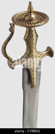 A silver-inlaid Indian tulwar, 19th century. Curved blade of welded ...