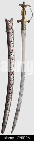 A silver-inlaid Indian tulwar, 19th century. Curved blade of welded ...
