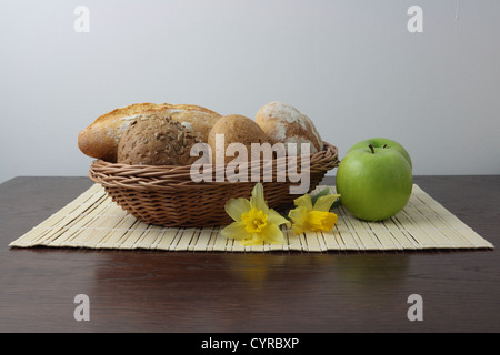 Variety of whole wheat bread in basket Stock Photo