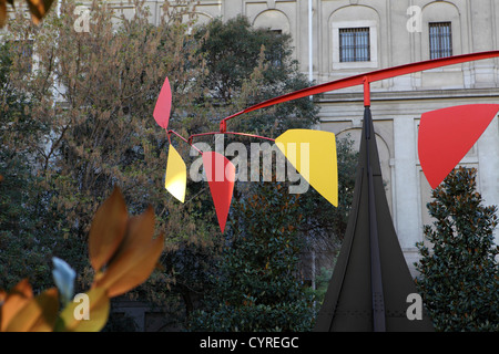 Large metal standing mobile sculpture by Alexander Calder in courtyard of Reina Sofia Modern Art Museum, Madrid, Spain Stock Photo