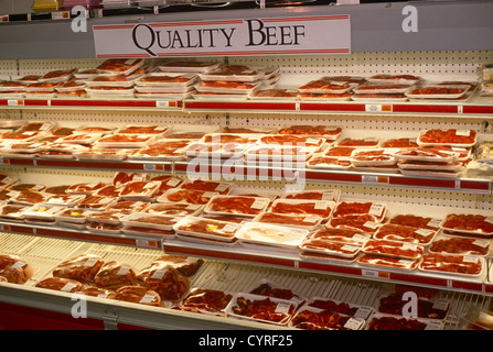 A display of red meat fills the shelves of a generic supermarket store in London. Stock Photo