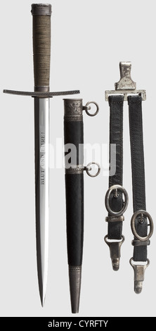 A dagger M 37 for Hitler Youth leaders, with hanger. Maker M7/36, E & F  Hörster, Solingen. Plated blade, the obverse side etched with the motto  Blut und Ehre! (Blood and Honour!). The reverse etched RZM and M7/36.  Silver-plated cross