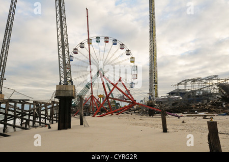 The boardwalk and amusement rides destroyed by Hurricane Sandy November 6, 2012 in Seaside Heights, NJ. Stock Photo