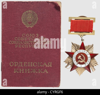 Soviet Union - Order of the Patriotic War,1st Class,1st Type,3rd Variation Gilt silver,gold,enamel. Engraved award number '7931' on the reverse at the 7-8 o'clock position. On a rectangular clasp with nickeled non-ferrous metal screw plate with regional designation. Included is the award booklet with entry for the award with this number as well as entries for the Order of the Red Star and the Medal for Combat Merit,issued 1946,historic,historical,1930s,20th century,medal,decoration,medals,decorations,badge of honour,badge of honor,badges of hon,Additional-Rights-Clearences-Not Available Stock Photo