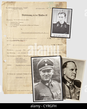 Theodor 'Teddy' Wisch and Sepp Dietrich,a recommendation for the promotion of Joachim Peiper 1943 Pre-printed form with typed entries,dated '1. SS Panzer Division 'LSSAH' Div.Gef.St,28 November 1943'. Recommendation for the promotion to Obersturmbannführer with immediate assignment as regimental commander. The back with Wisch's excellent assessment of Peiper('clever tactical thinking ... his rigor in counterattacks ... extremely brave ... a leader with enormous motivational skills'),his previous campaigns(Western campaign,historic,historical,people,19,Additional-Rights-Clearences-Not Available Stock Photo